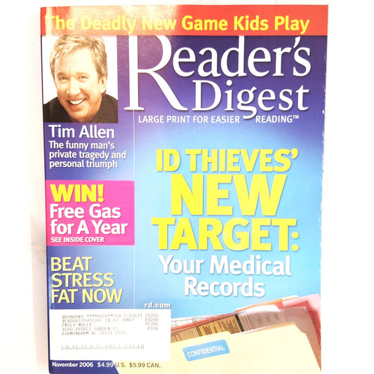 Reader's Digest November 2006 Tim Allen Large Print Magazine Back Issue