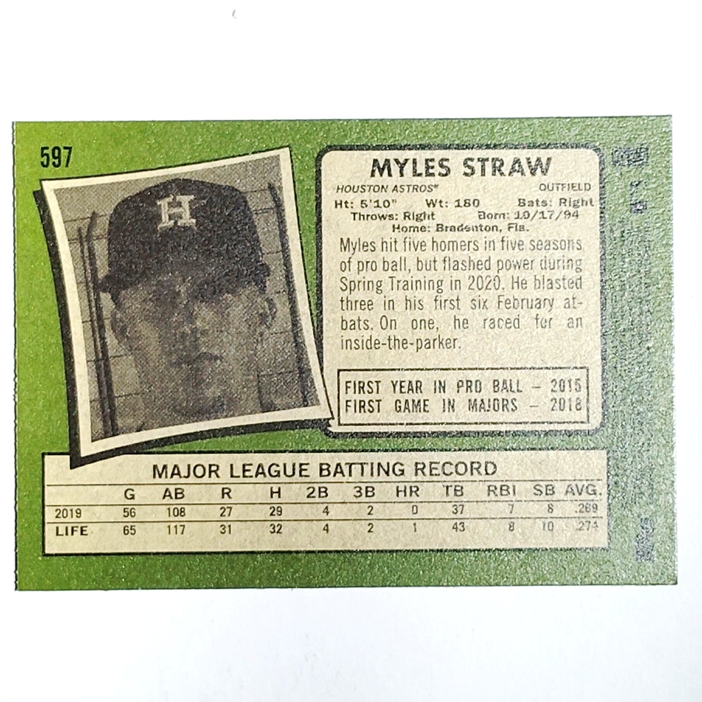 2020 Topps Heritage Myles Straw 597 Houston Astros Outfield Baseball Card VG/EX