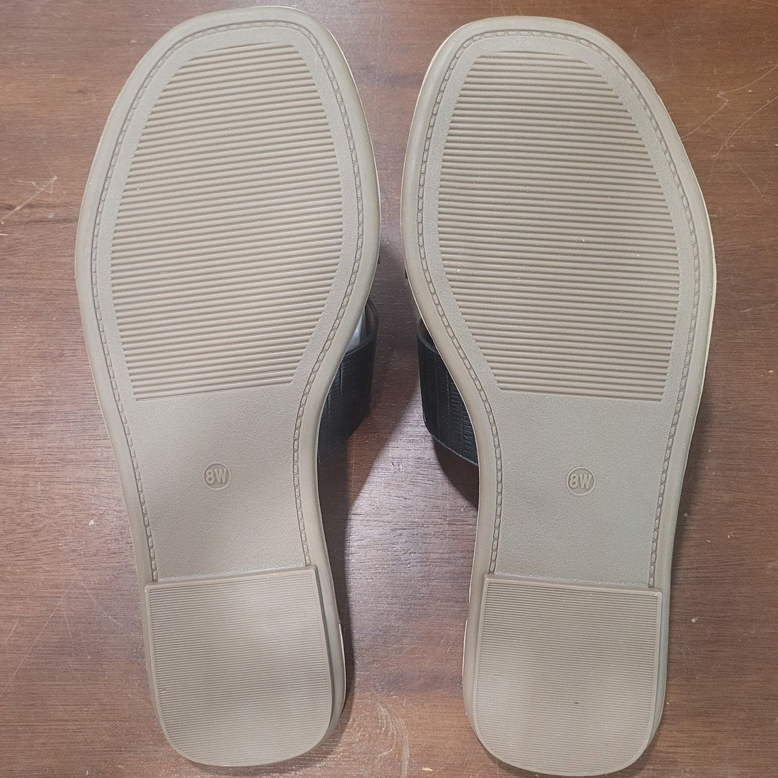 Evans Riley Emboss Sandal – Black, Women’s 8W, Double Strap Slip-On, Wide Fit