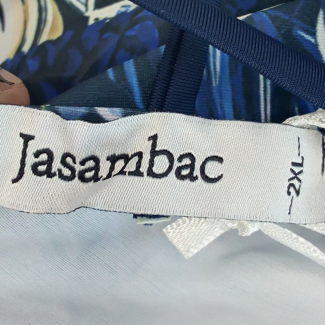 Jasambac Dark Blue Palm Leaves Tankini Top Scoop Neck Ruched Women’s 2XL
