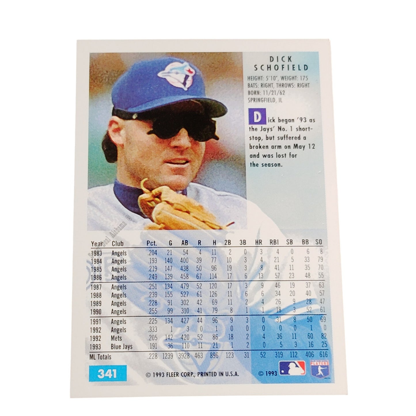 Dick Schofield, Toronto Blue Jays, #341, 1994 Fleer Baseball Collector's Card