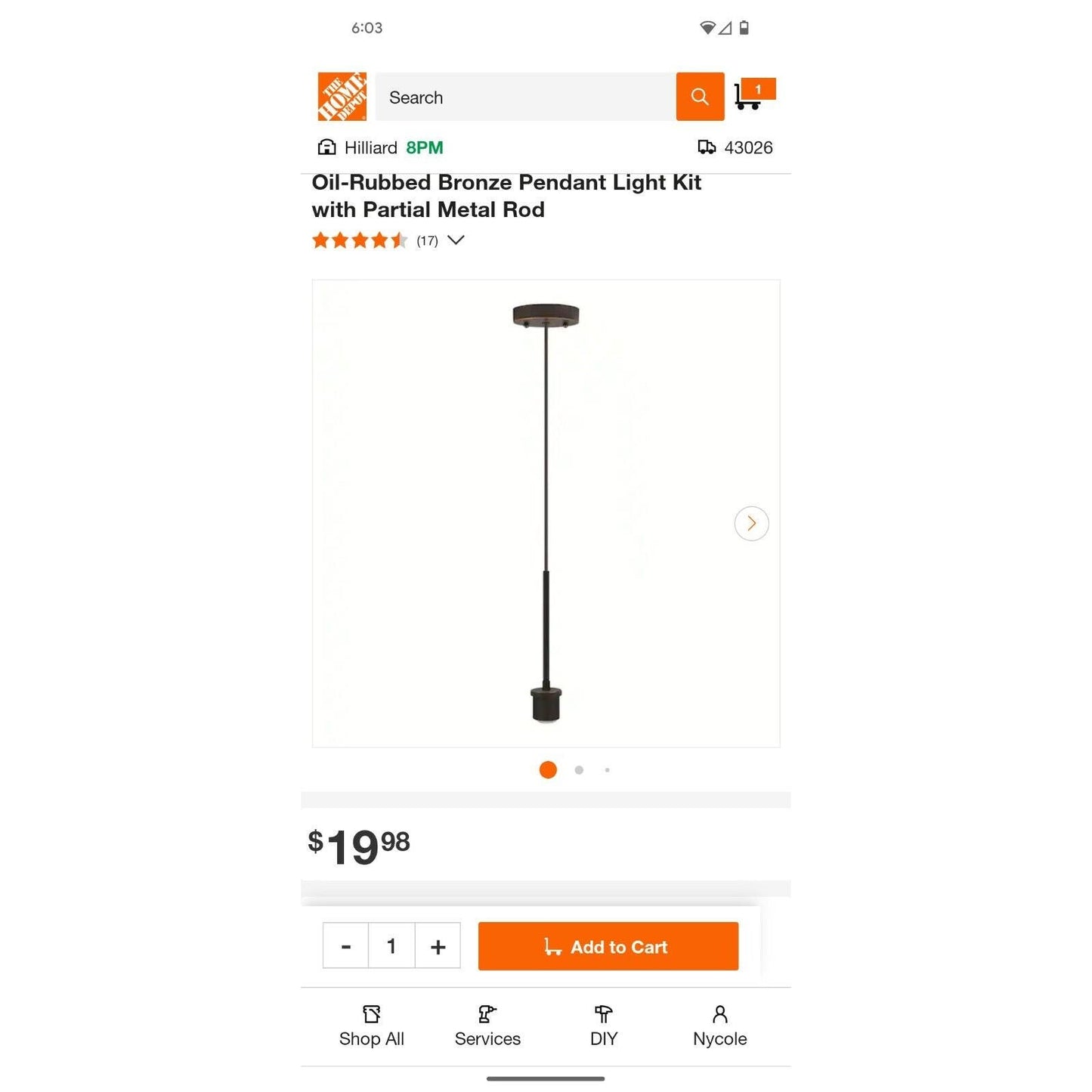 Oil-Rubbed Bronze Pendant Light Kit with Partial Metal Rod, NIB