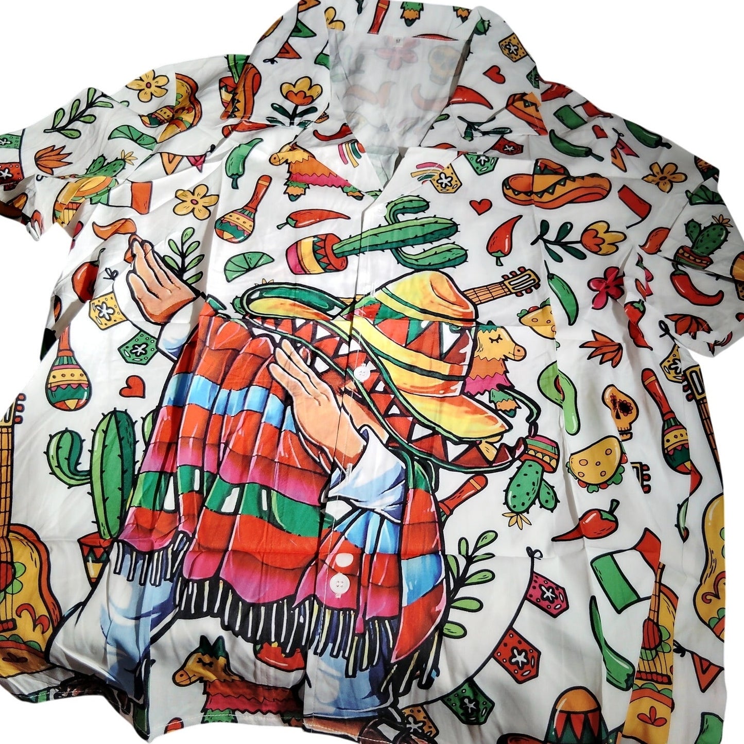 Mens Mexican Fiesta Hawaiian Shirt Taco Chili Sombrero Print Button Up Medium