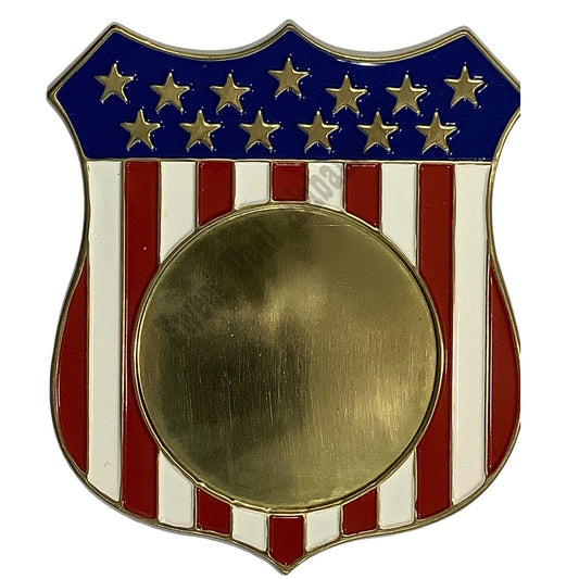 Vintage U.S Flag Metal Shield Plaque Mount 3-5/8"H x 3.25"W, Holds 2" Inserts