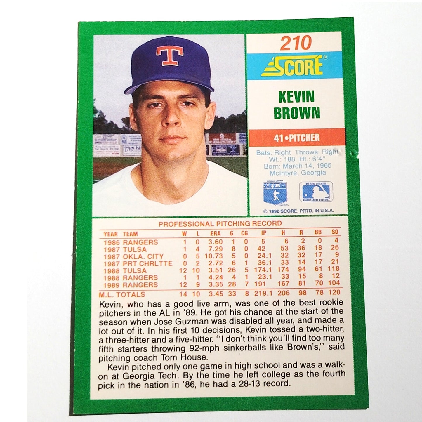 1990 Score Kevin Brown #210 Texas Rangers Pitcher MLB Baseball EX