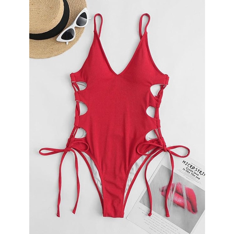 ZAFUL Cut Out String Bathing Suit Sexy Monokini V Neck Tummy Control - Small (4)