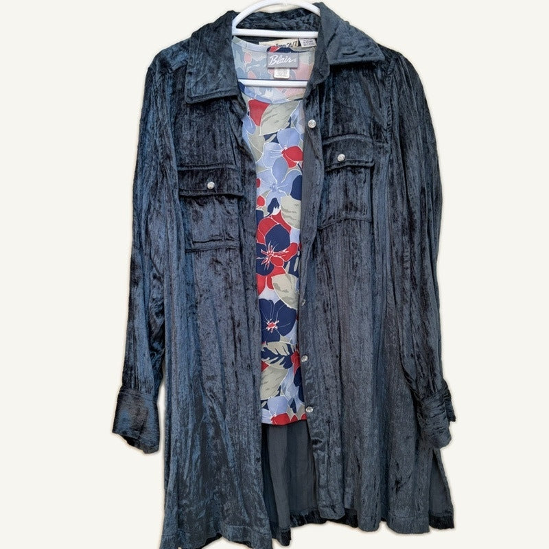 Denim 24/7 Crushed Velvet Coat & Blair Floral Top Set - Blue, Red, L/14W