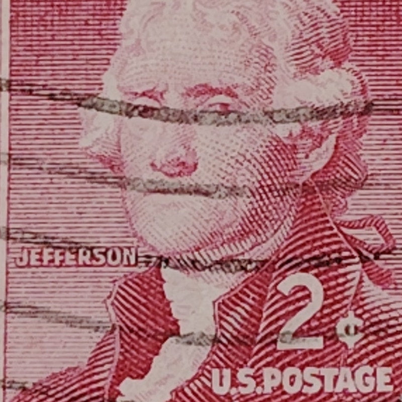 1954 2¢ Thomas Jefferson Stamp, Liberty Series, Scott #1033, Rose Red, Canceled