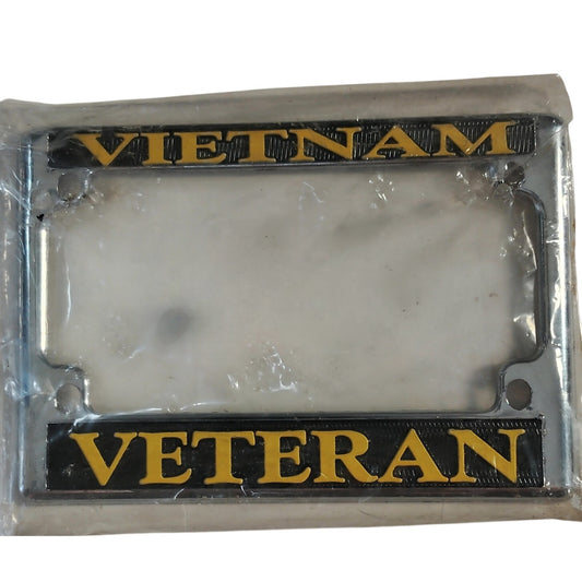 Vietnam Veteran Motorcycle License Plate Frame – Chromed Metal, Yellow Text on Black, Made in USA