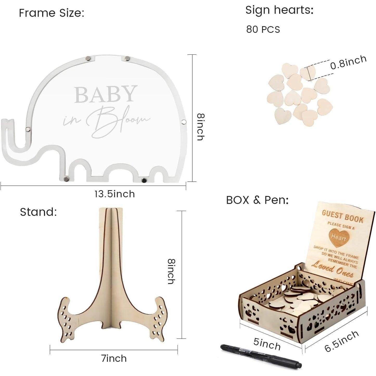 Elephant Guest Book Alternative – Baby Shower Sign‑In Frame w/ 80 Guest Hearts