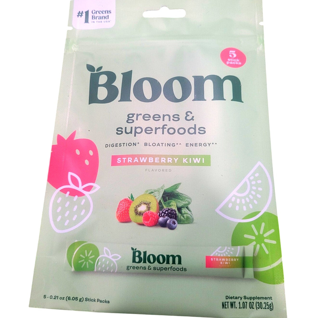 BLOOM NUTRITION Greens and Superfoods Powder Stick Pack – Strawberry Kiwi – 5 Count
