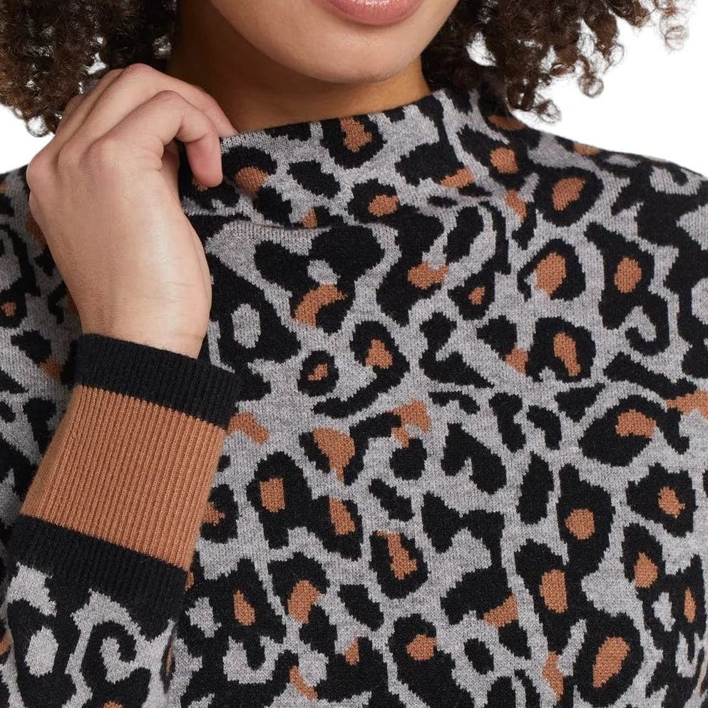 TRIBAL CHANDAIL TRICOT "ANIMAL PRINT" BLACK, GREY & CAMEL, FUNNEL NECK SWEATER