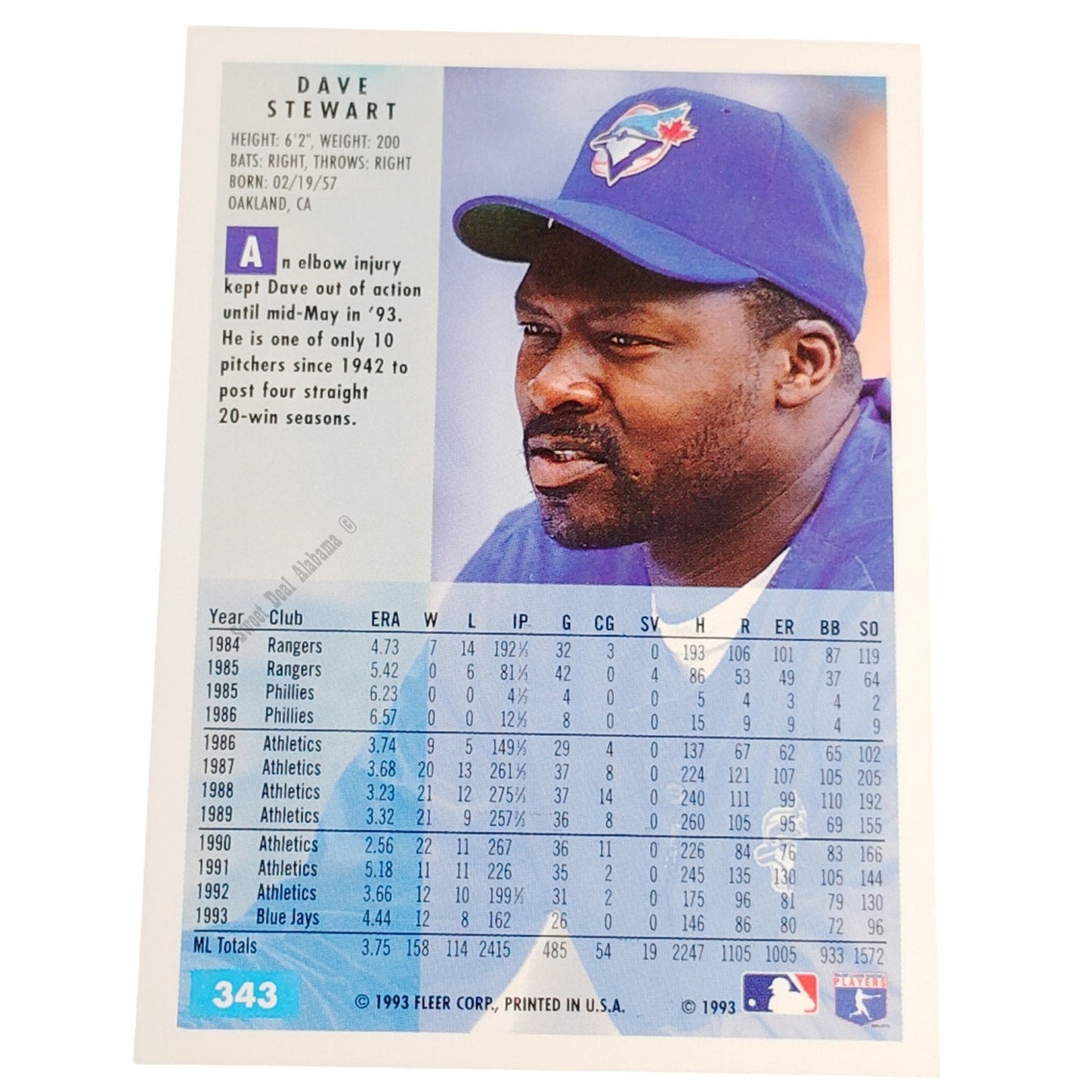 Dave Stewart, Toronto Blue Jays, #343, 1994 Fleer Baseball Collector's Card