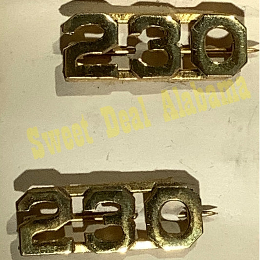 Early/Mid 1900s Brass C-Clasp "230" Collar Devices 3/8"H Hat / Lapel Pins Set