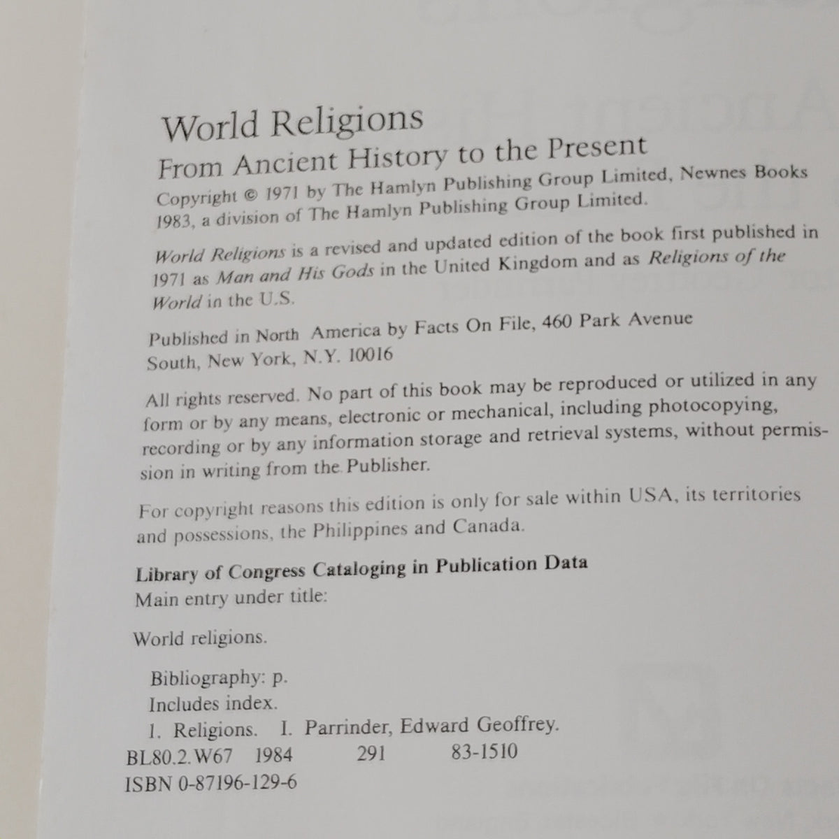 World Religions: Ancient History to Present - 1984 Paperback by Parrinder
