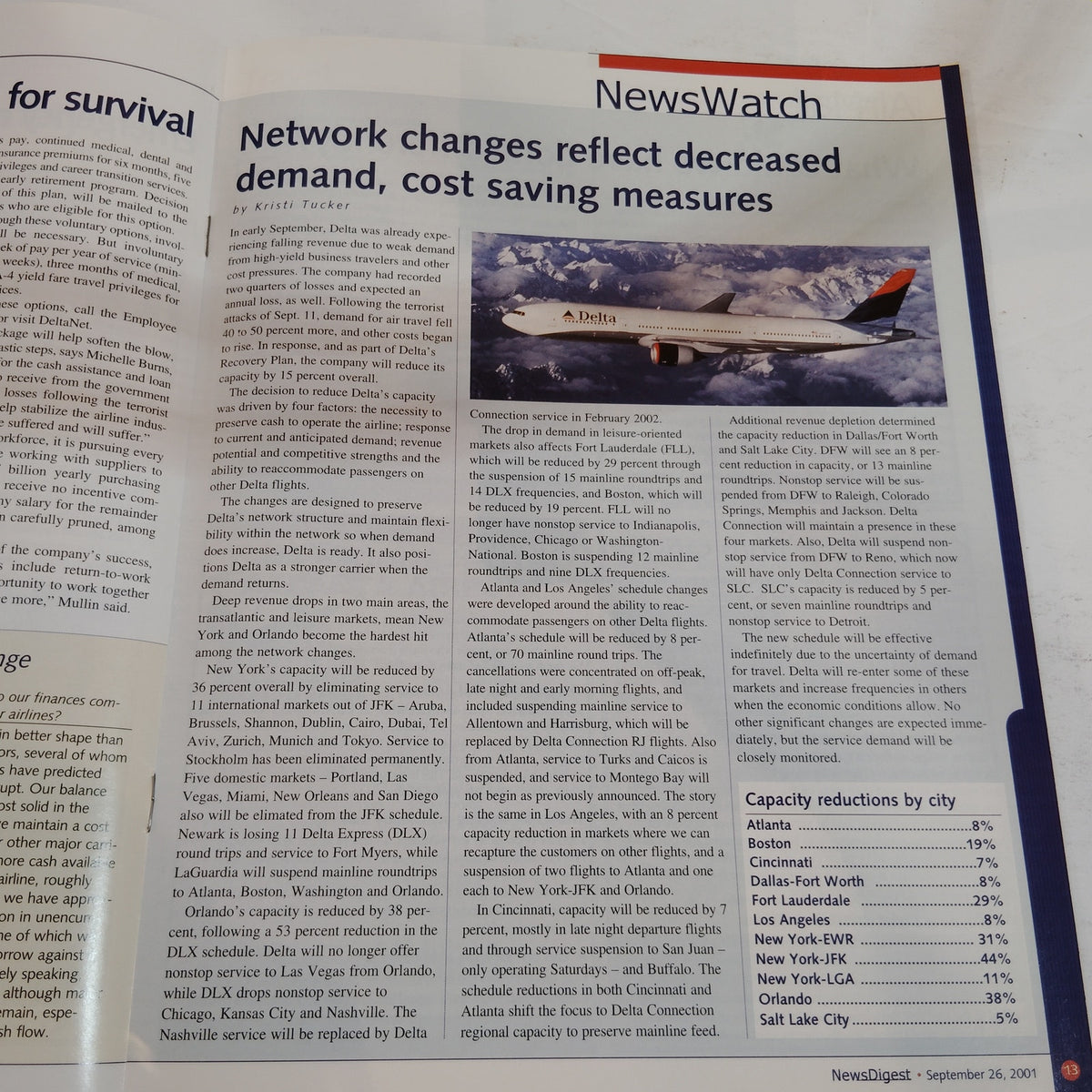 Delta News Digest: Moving Forward September 26, 2001 Airline Magazine