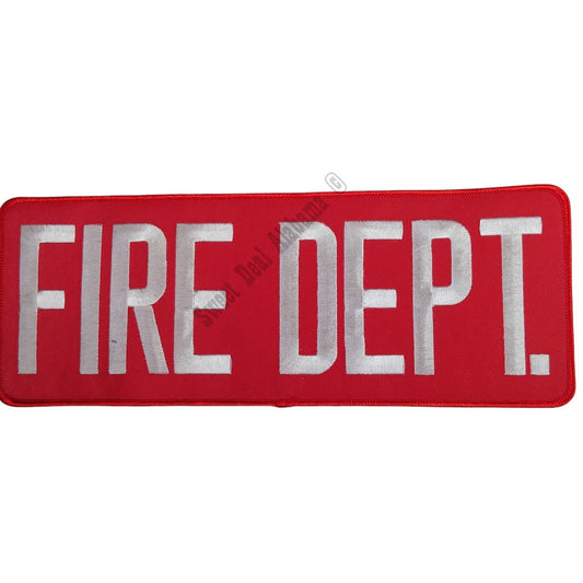 NOS, FIRE DEPT. 11" x 4" White Text, Red Background, Iron or Sew On Patch