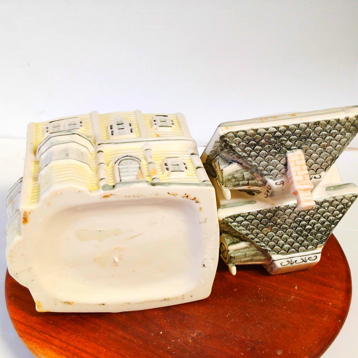 Vintage Victorian House Cookie Jar Yellow Gray Ceramic Mansion Design