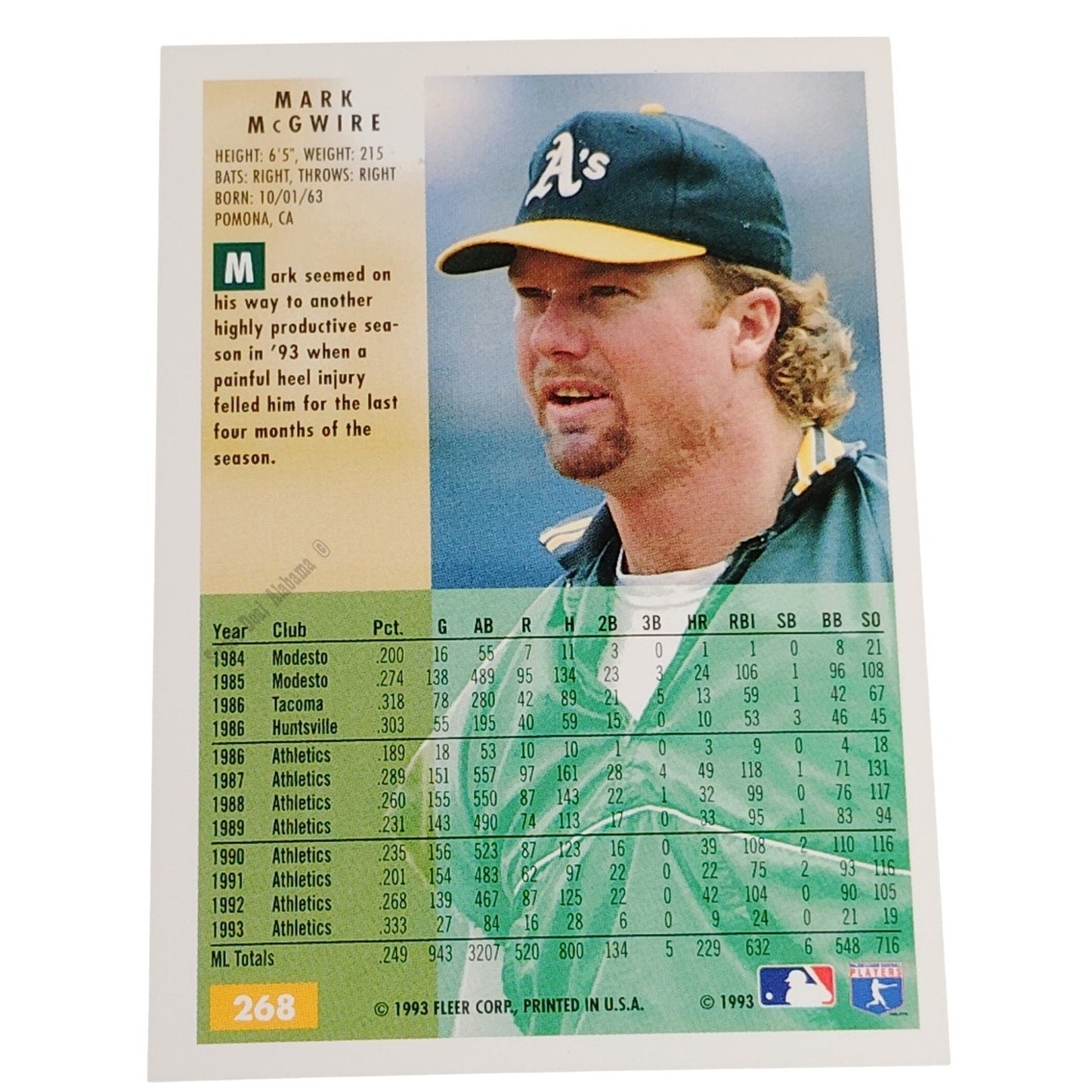 Mark McGwire, Oakland Athletics (A's), #268 1994 Fleer Baseball Card