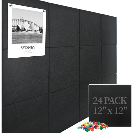 Felt Bulletin Board Tiles, 24-Pack (70"x47") Blk - w/ Adhesive Tabs & Push Pins