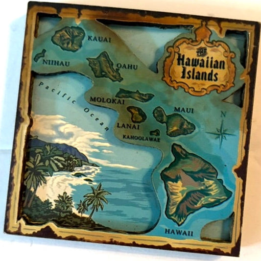 Hawaiian Islands Layered Wood 3D Shadowbox Map Magnet Palm Trees Compass
