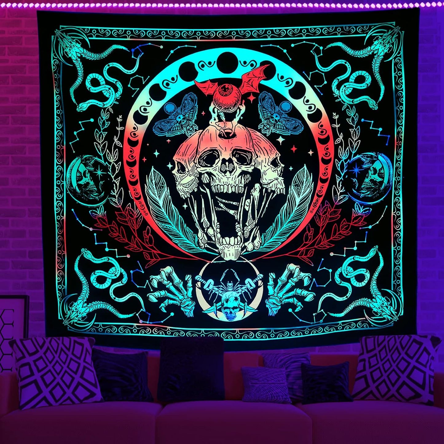 Krelymics Black Light Skull Snake Tapestry UV Reactive Glow Wall Hanging 51"x59"