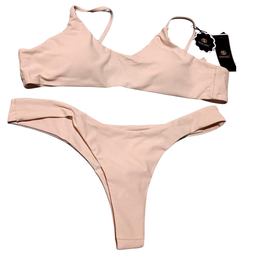 SherryDC Solid Scoop Neck Push up Padded Brazilian Thong Bikini, Beige, L