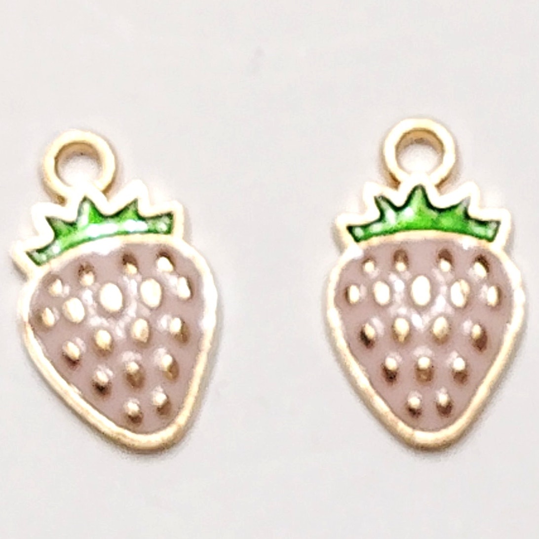 Strawberry Charms Pair Gold‑Tone Pink Enamel 5/8" (16.8×10 mm) Jewelry Making