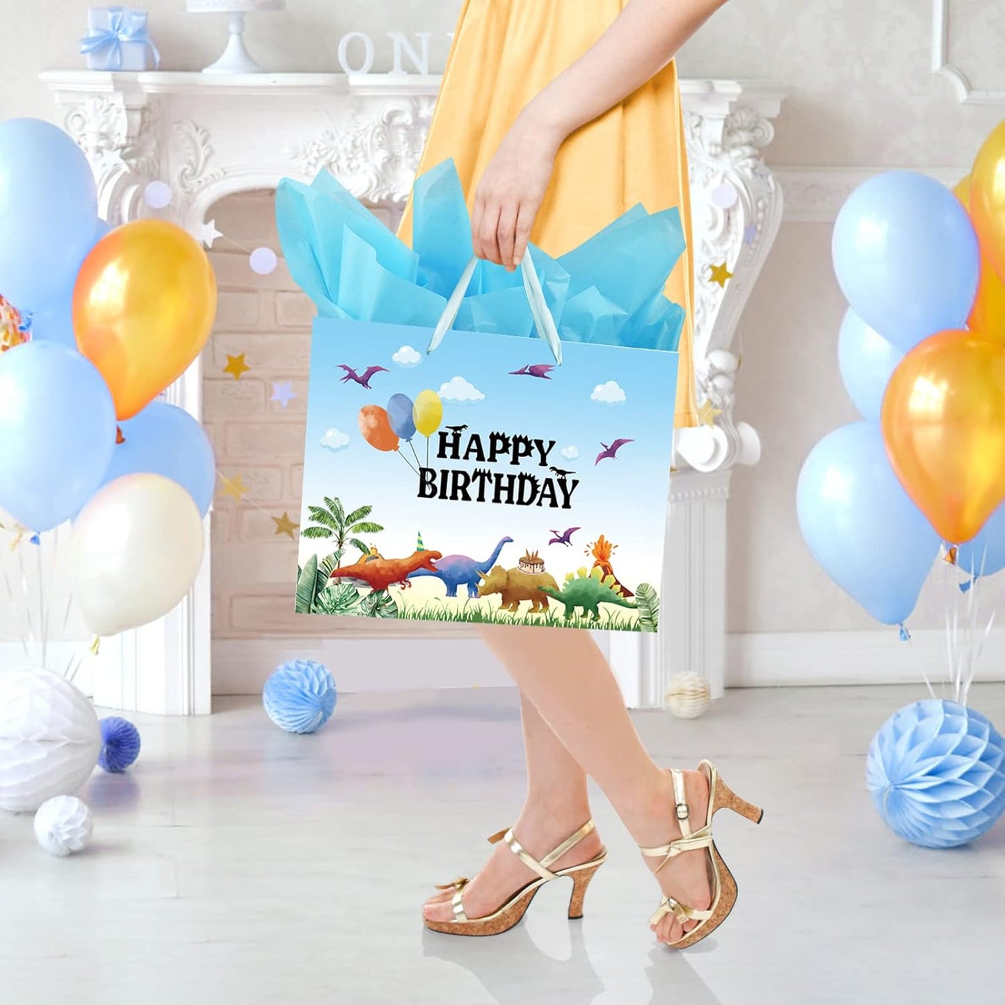 Large 13" Dinosaur Birthday Gift Bag w/ Card & Tissue – Watercolor Design