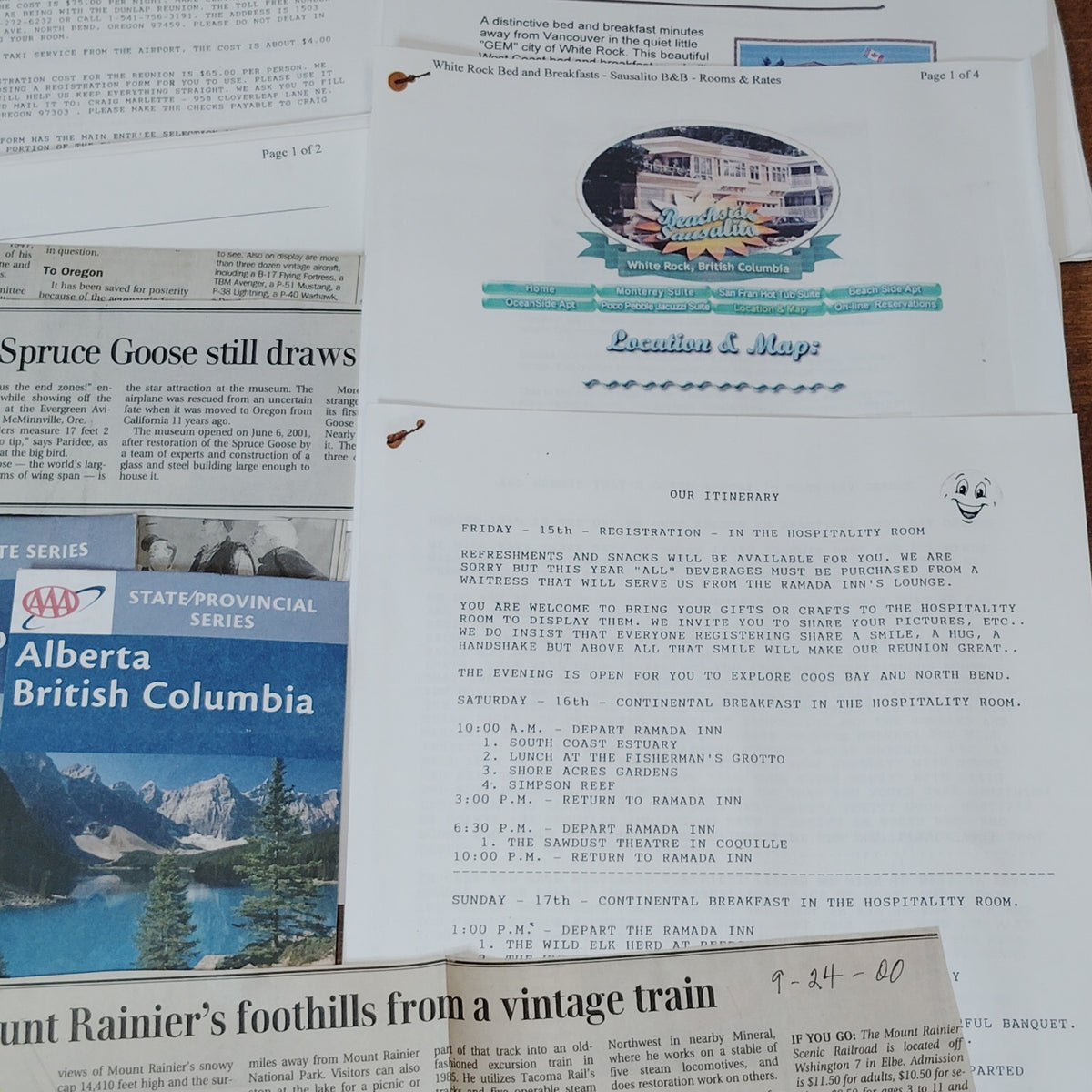 VTG 1998 OR, WA, BC Travel Ephemera & Dunlap (DD-384) Ships Reunion Papers