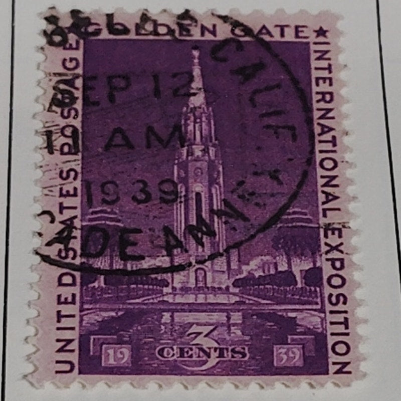 1939 3¢ Golden Gate Exposition Stamp – Scott 852 – Tower of the Sun – Canceled