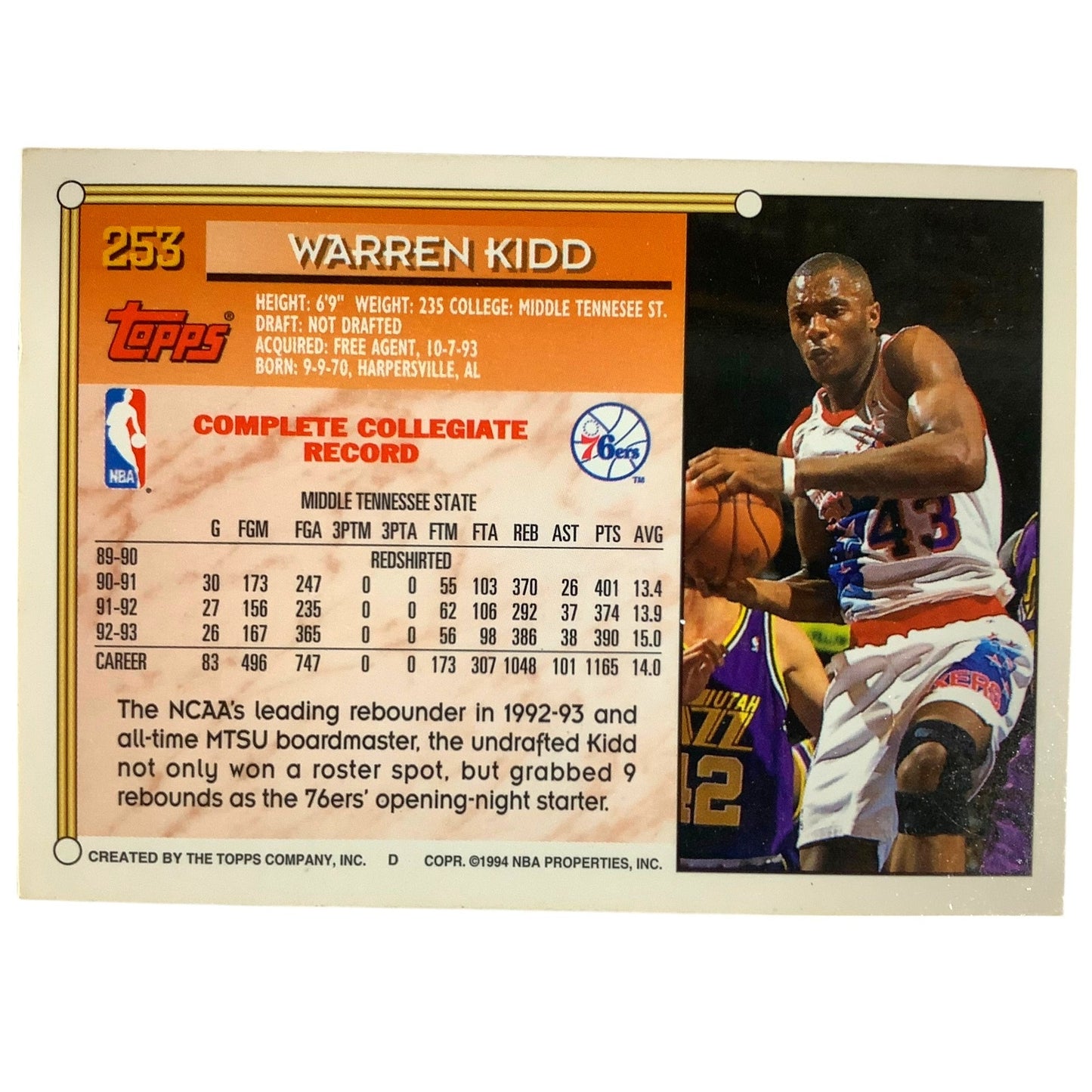 Warren Kidd, Philadelphia 76ers, 1993 Topps Collector's Card 253, EXC