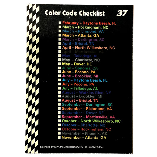 1992 Richard Petty Fan Appreciation Color Code Checklist, Food Lion MPA Card #37