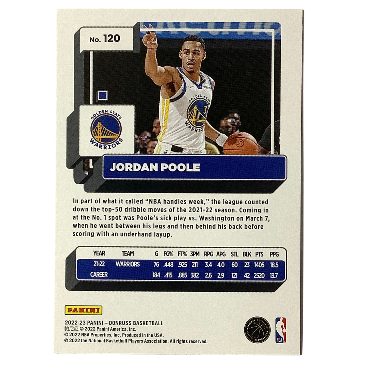 Jordan Poole - Golden State Warriors - Card #120, 2022-23 NBA Panini-Donruss