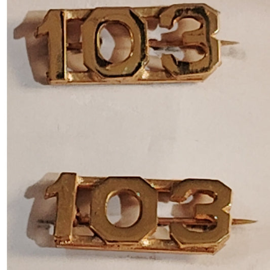 Early/Mid 1900s Brass C-Clasp "103" Collar Devices 3/8"H Hat / Lapel Pins Set