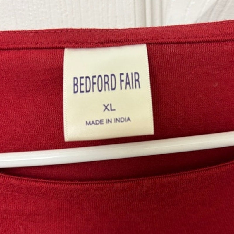 Bedford Fair XL Red Pink Striped 3/4 Sleeve Boat Neck Top Cotton Blend