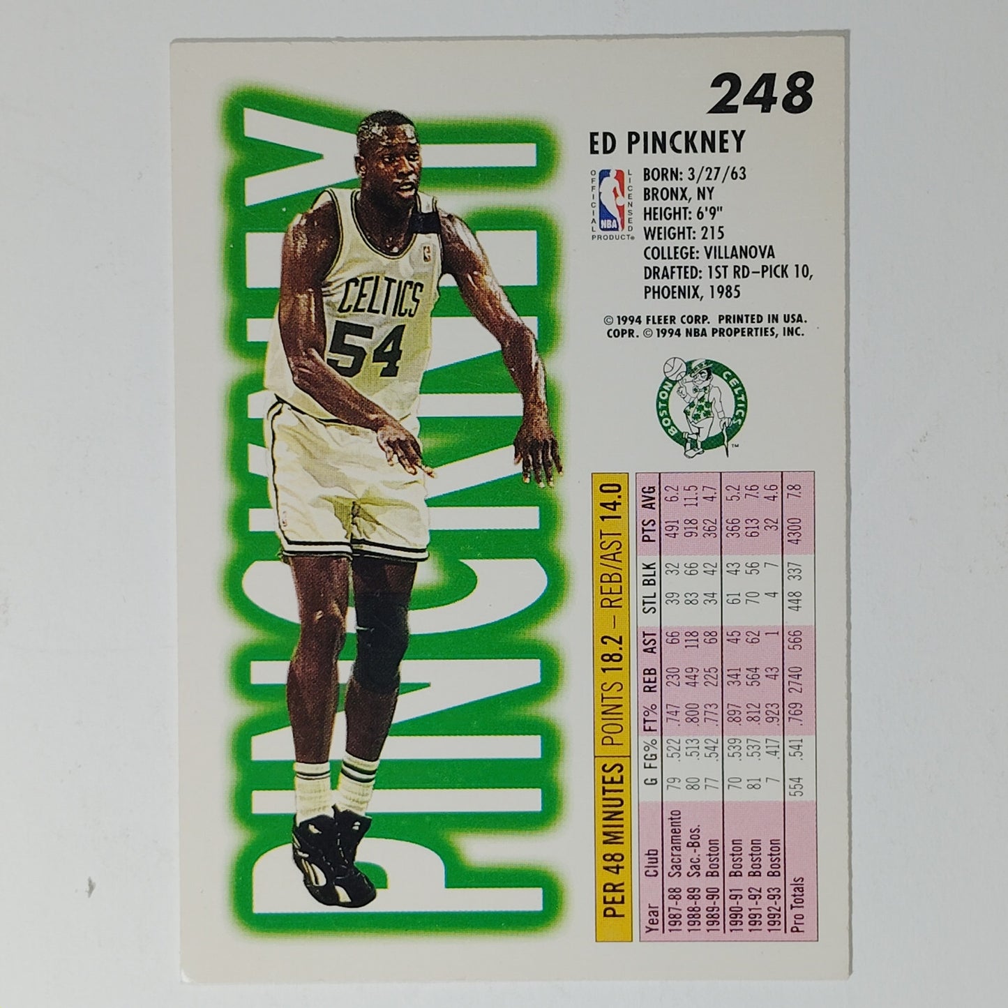 1993–94 Fleer Ed Pinckney #248 – Boston Celtics – Forward/Center – NBA Card
