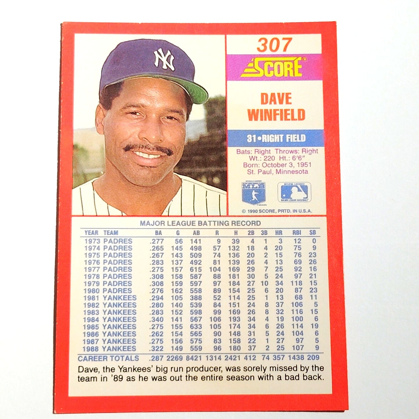 1990 Score Dave Winfield #307 New York Yankees Right Fielder Hall of Famer EX