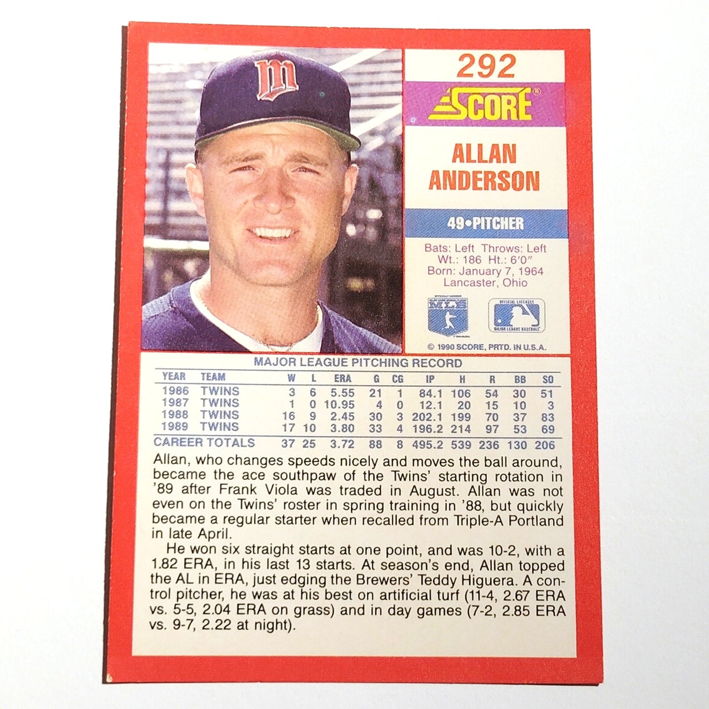 1990 Score Allan Anderson #292 Minnesota Twins Pitcher MLB Baseball EX