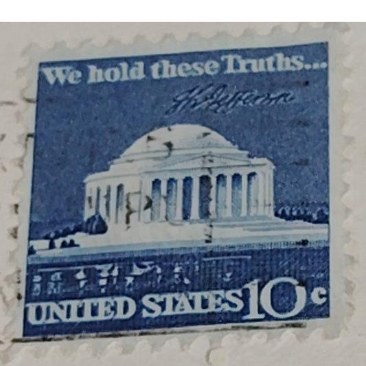 1973 Jefferson Memorial 10¢ Stamp – “We Hold These Truths…” – Torn from Envelope