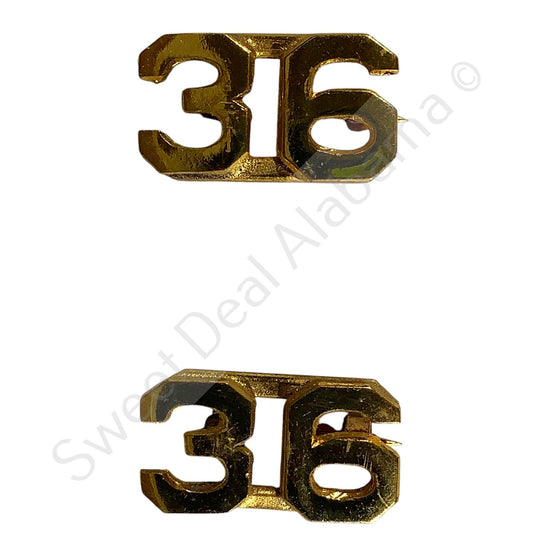 WWI Era Numeric "36", Brass Military C-Clasp Hat / Lapel / Collar Pins Set 3/8"H