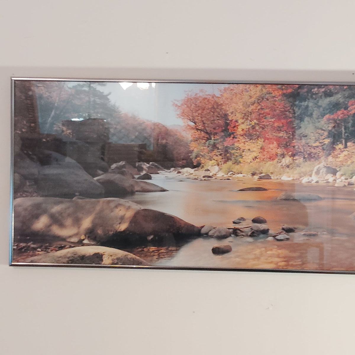 Vintage 1970s Panoramic Autumn River Framed Print 38x13.5 Gold Metal Frame