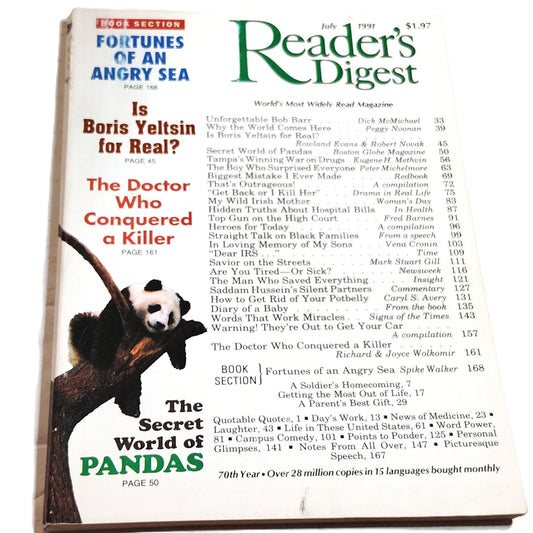 Reader's Digest Magazine July 1991 Vintage Back Issue - Panda Cover