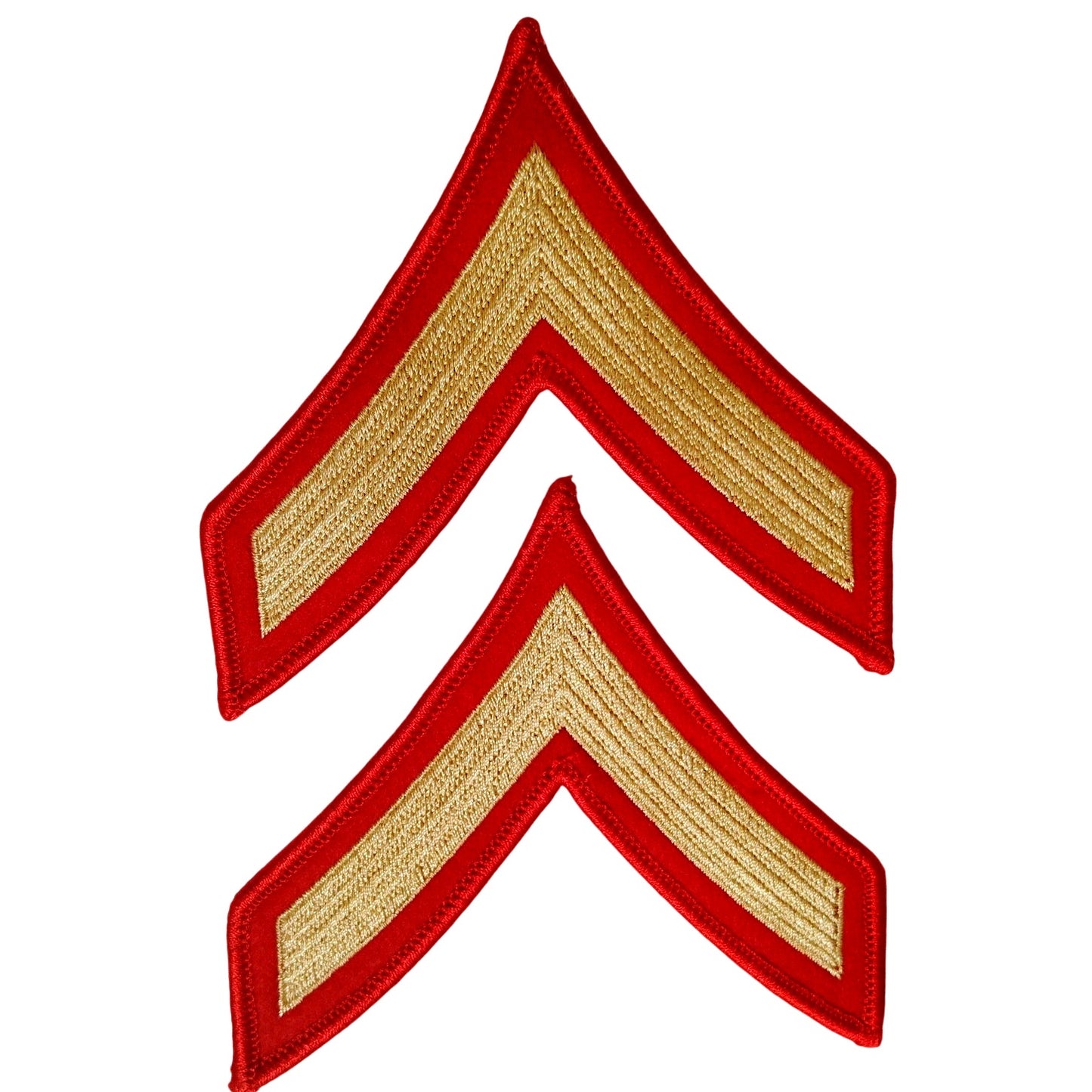 VTG U.S. Army PFC E‑3 Chevron Patch Set – Gold on Red – 3‑3/4" × 3‑1/2"