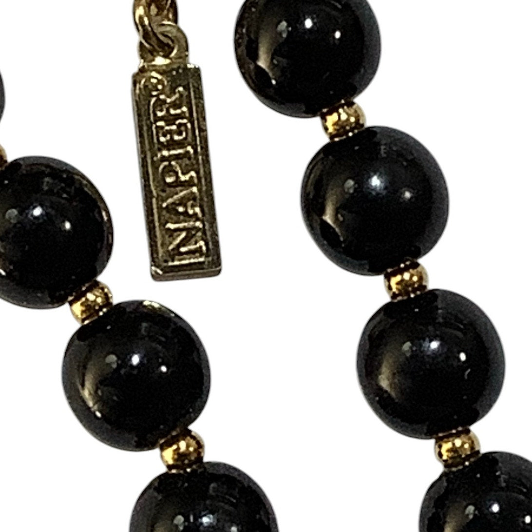 Napier Black Faux Onyx and Gold Beaded 18" Necklace - Vintage 1980s