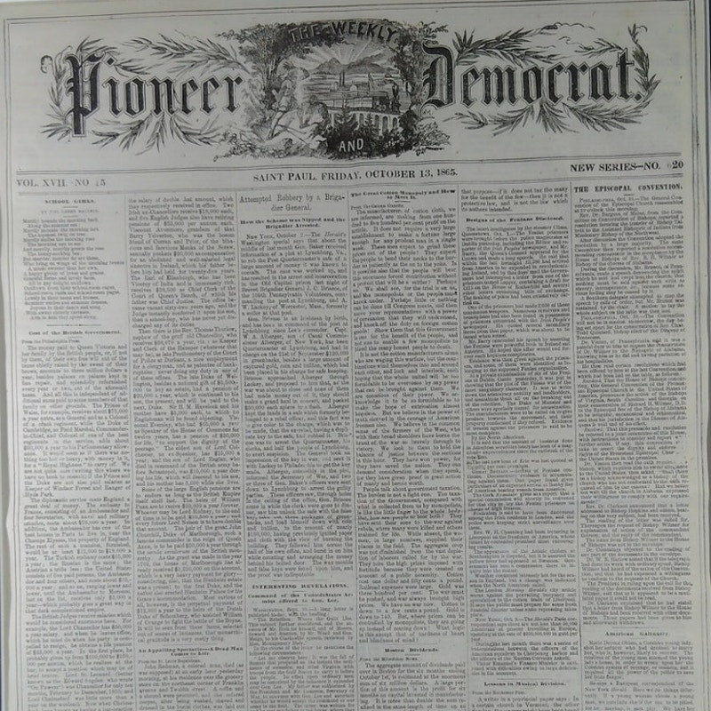 Framed Art- St. Paul, MN- Pioneer Democrat Newspaper, Friday October 13, 1865