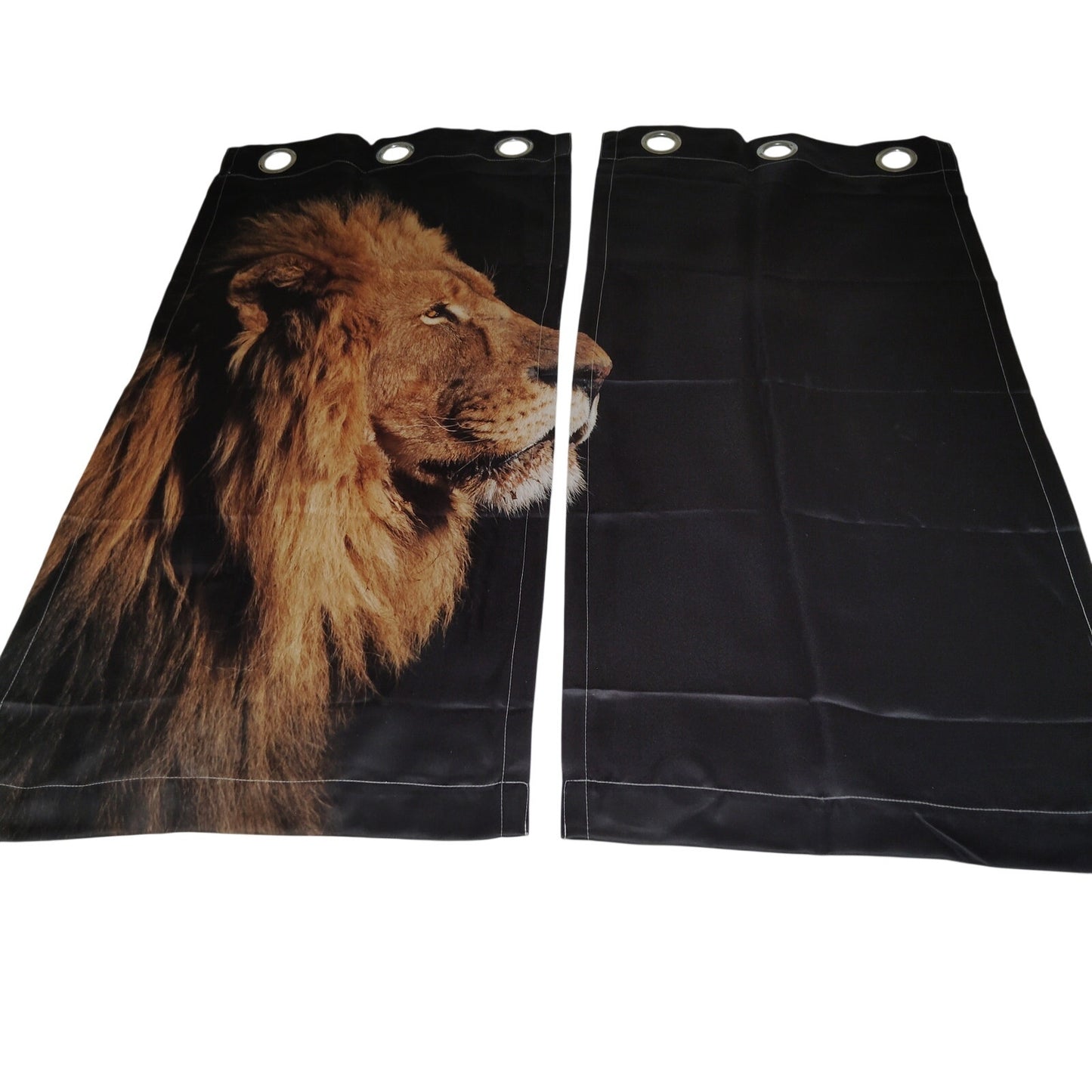 2 Panels Lion Graphic Curtains On Black Background, 42"W x 40"L (Excludes Rings)