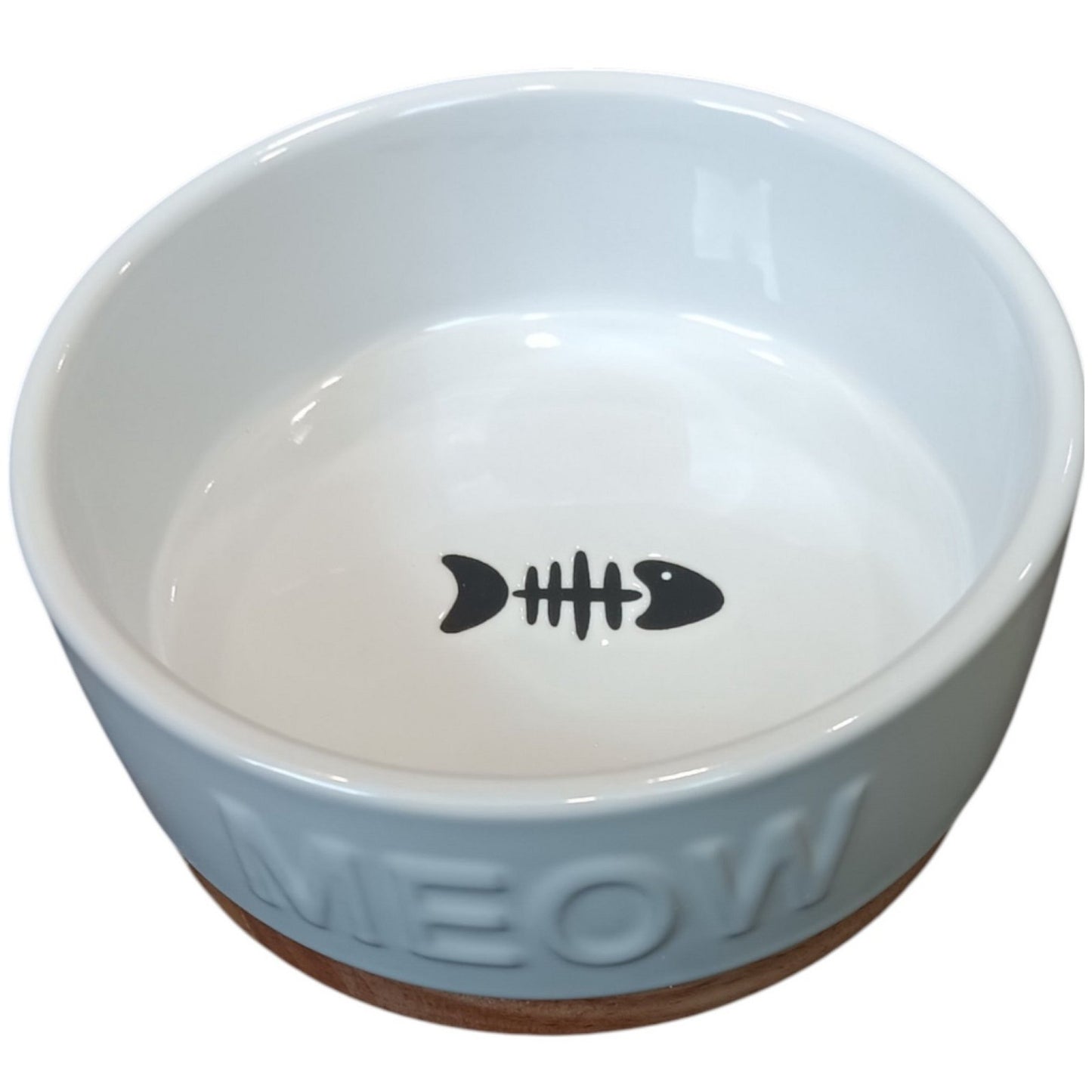 Meow Ceramic Cat Bowl w/ Wood Base – 1.25 Cup (10 oz.), Non-Skid, 5.01"D 2.1"H