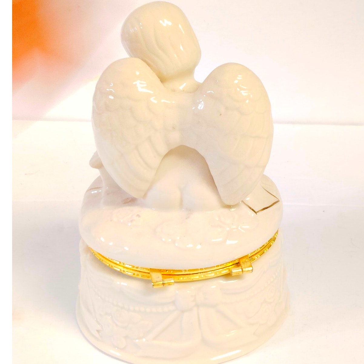 Vintage Avon Angelic Moments Porcelain Hinged Trinket Box Cherub Birdhouse