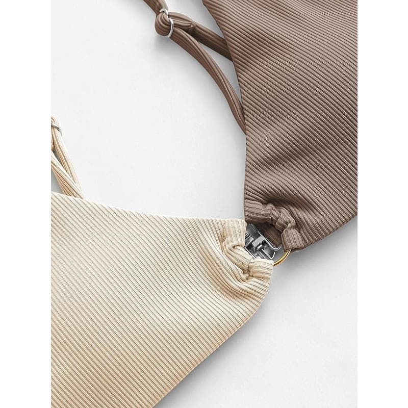 ZAFUL Ribbed O-Ring String Bikini Cheeky Thong Two Piece, Brown/Beige, Small (4)